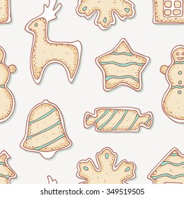 Hand drawn gingerbread cookies seamless pattern. Winter sweets. Holiday food background. Vector illustration