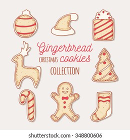 Hand drawn gingerbread cookies set. Christmas bauble, ball, hat, gift, deer, tree, candy cane, man, sock. Doodle holiday food. May be used for recipes, packaging or kitchen design. Vector illustration