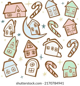 Hand drawn gingerbread house seamless pattern with stars and candy cane