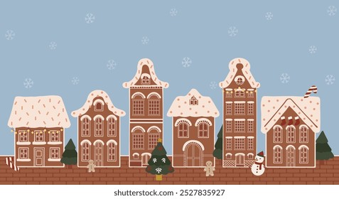 Hand drawn gingerbread houses line cityscape street. Isolated Christmas cookies with icing and candies elements. Winter holidays celebration decoration dessert vector