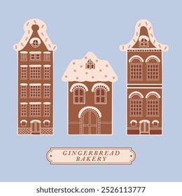 Hand drawn gingerbread houses set collection. Isolated Christmas cookies with icing elements. Winter holidays celebration decoration dessert vector. For poster, card, scrapbooking, invitation, media