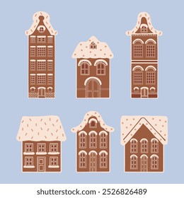 Hand drawn gingerbread houses set collection. Isolated Christmas cookies with icing elements. Winter holidays celebration decoration dessert vector. For poster, card, scrapbooking, invitation, media