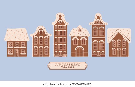 Hand drawn gingerbread houses set collection. Isolated Christmas cookies with icing elements. Winter holidays celebration decoration dessert vector. For poster, card, scrapbooking, invitation, media