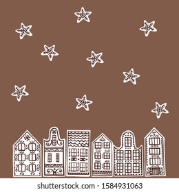 Hand drawn gingerbread houses and stars. Vector sketch illustration.