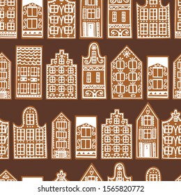 Hand drawn gingerbread houses. Vector  seamless pattern.