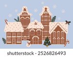 Hand drawn gingerbread houses village group collage. Isolated Christmas cookies with icing and candies elements. Winter holidays celebration decoration dessert vector