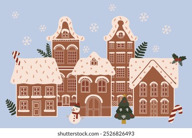 Hand drawn gingerbread houses village group collage. Isolated Christmas cookies with icing and candies elements. Winter holidays celebration decoration dessert vector