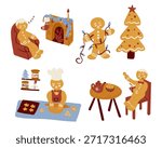 Hand drawn gingerbread man character set with home baking scenes and Christmas elements isolated on white background. The image represents cozy holiday lifestyle, homemade sweets, family tradition