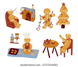 Dibujado a mano hombre de jengibre personaje conjunto con escenas de horneado casero y Elementos de Navidades aislados sobre fondo blanco. La Imagen representa un acogedor estilo de vida navideño, dulces caseros, tradición familiar
