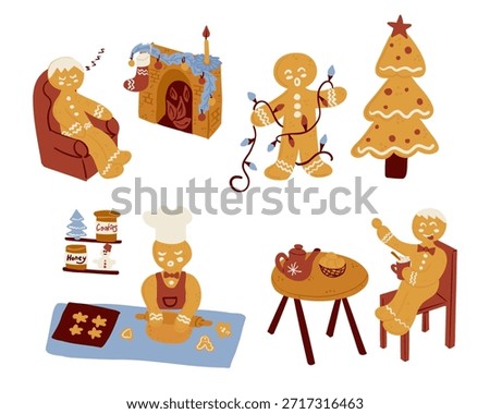 Hand drawn gingerbread man character set with home baking scenes and Christmas elements isolated on white background. The image represents cozy holiday lifestyle, homemade sweets, family tradition