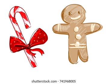 Hand Drawn Gingerbread Man and christmas candy cane vector illustration