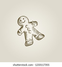 Hand Drawn Gingerbread man Sketch Symbol isolated on background. Vector of Christmas elements In vintage Style