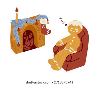 Handgezeichneter Lebkuchenmann, der in einem Sessel in der Nähe eines Kamins schläft, mit Kerze und festlichen Dekorationen einzeln auf weißem Hintergrund. Diese Illustration stellt einen gemütlichen Winterruhekomfort dar