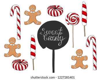 Hand drawn gingerbread mans, sweet candy  and white background.  Trend christmas illustration for your design. Postcard, card, poster design, website design, logo, wallpaper, textile, banner. Vector