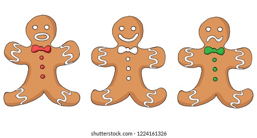 Hand drawn gingerbread mans and white background.  Trend christmas illustration for your design. Postcard, card, poster design, website design, logo, wallpaper,textile, banner. Vector illustration.