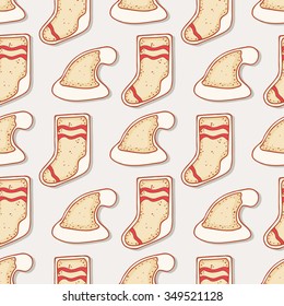 Hand drawn gingerbread santa hat and christmas sock cookies seamless pattern. Holiday food background. Vector illustration
