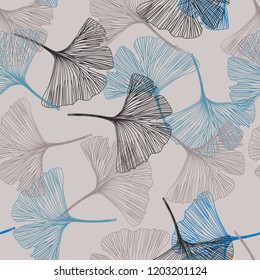 Hand drawn gingko biloba vector background seamless pattern.