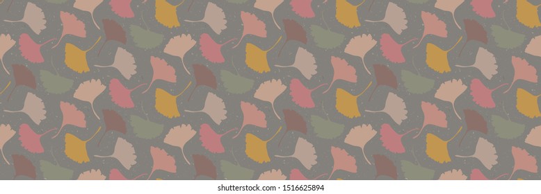 Hand drawn gingko leaves seamless border pattern. Japanese fall style tossed leaf background. Soft grey neutral tones. Edging banner for asian zakka craft home decor, trendy packaging ribbon trim