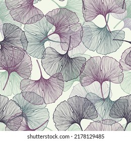 Hand drawn gingko vector background seamless pattern. 