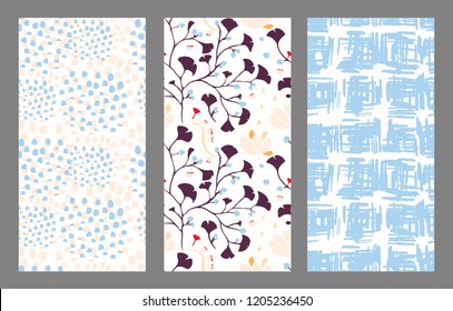 Hand drawn ginkgo biloba and abstract japanese seamless patterns. 