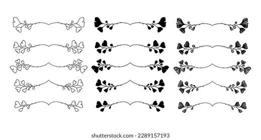 Hand drawn ginkgo biloba text divider. Set of outline and silhouette floral text dividers. 