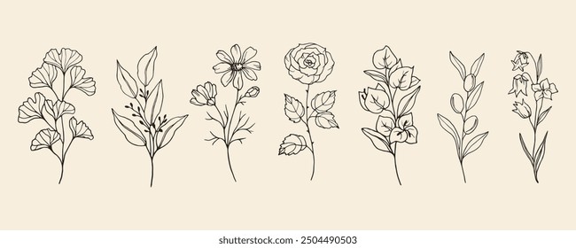 Handgezeichneter Ginkgo, Eukalyptus, Kosmos, Rose, Bougainvillea, Olive, Blaufell