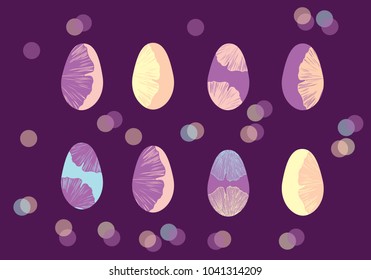 Hand drawn ginkgo leaves in a purple, yellow, blue and pink colors palette vector illustration Easter eggs set