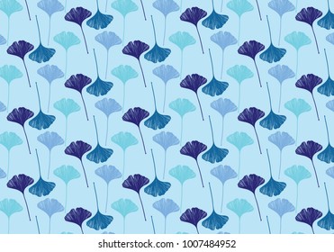 Hand drawn ginkgo leaves vector pattern in blue color palette