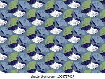 Hand drawn ginkgo leaves vector pattern in blue, green and white colors palette