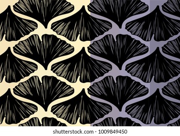 Hand drawn ginkgo leaves vector pattern black on a  yellow and purple background