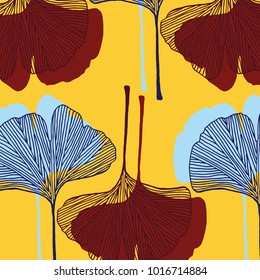 Hand drawn ginkgo leaves vector pattern in yellow, red and blue colors palette