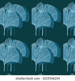 Hand drawn ginkgo leaves vector pattern in teal color palette