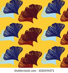 Hand drawn ginkgo leaves vector pattern in yellow and purple colors palette