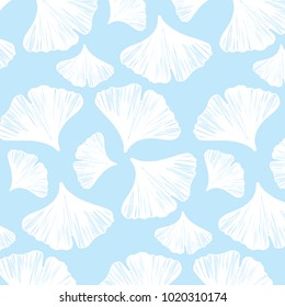 Hand drawn ginkgo leaves vector pattern in white and blue colors palette