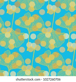 Hand drawn ginkgo leaves vector pattern in golden and turquoise blue colors palette