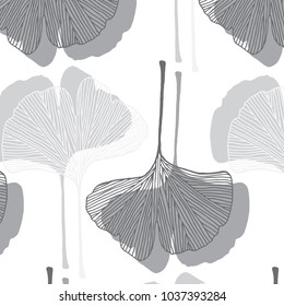 Hand drawn ginkgo leaves vector pattern in gray colors palette on a white background