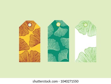 Hand drawn ginkgo leaves vector template tag set