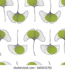 Hand drawn Ginkgo leaves. Vector seamless pattern