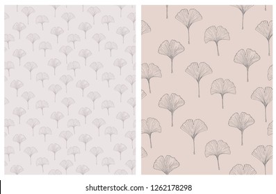 Hand Drawn Ginko Biloba Leaves Vector Patterns. Beige and Light Brown Color Design. Floral Repeatable Patterns. Pastel Colors. Light Brown and Beige  Backgrounds.