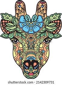 Hand drawn giraffe doodle with flower decorative elements. Coloring page for adult and kids. Vector Illustration.