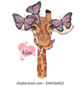 Hand drawn giraffe portrait with butterflies Vector. Isolated objects for your design. Each object can be changed and moved.