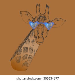 Hand drawn giraffe with sunglasses