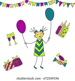 a hand drawn girl with air balloons parting her birthday; great for kid's invitations; with stickers of presents, glasses, candles and candies.; a vector illustration