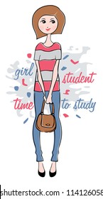 Hand drawn girl with a bag. vector