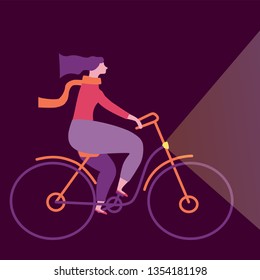 hand drawn girl at bicycle flat pop art design style vector illustration
