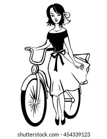 hand drawn girl with bike. Beautiful woman drawn by ink. Girl with bike isolated on white. Woman with bicycle.  Hand drawn lady with bicycle. Ink brush painted girl with bike. Lady in skirt graphic