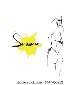 Hand drawn girl in bikini and sunglasses, handwritten summer. Vector