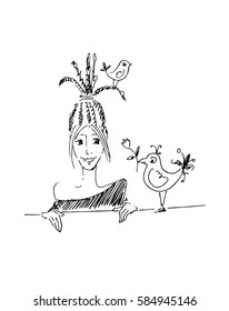 Niña dibujada a mano con pájaro, ilustración vectorial