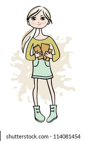 Hand drawn girl with books. vector