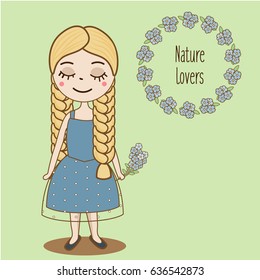 Hand drawn girl with braids. Beautiful kid in blue summer dress and forget-me-not flowers. Cute female character. Vector illustration